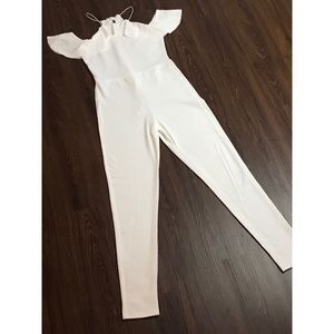 BooHoo White Ruffled Shoulder Jumpsuit